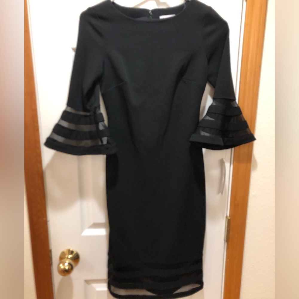Calvin Klein LBD Cocktail Dress Black SZ 0P Petite Illusion Hem/Sleeve Bell NWT